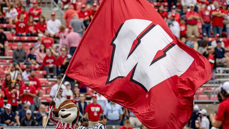 MADISON, WI - SEPTEMBER 16: Wisconsin Badger mascot Bucky Badger runs around the field with the Motion W flag before a college football game between the Georgia Southern Eagles and the Wisconsin Badgers on September 16th, 2023 at Barry Alvarez field at Camp Randall Stadium in Madison, WI. (Photo by Dan Sanger/Icon Sportswire via Getty Images)
